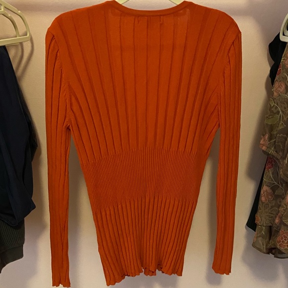 Orange Ribbed V-Neck Cardigan Sweater - Picture 2 of 4